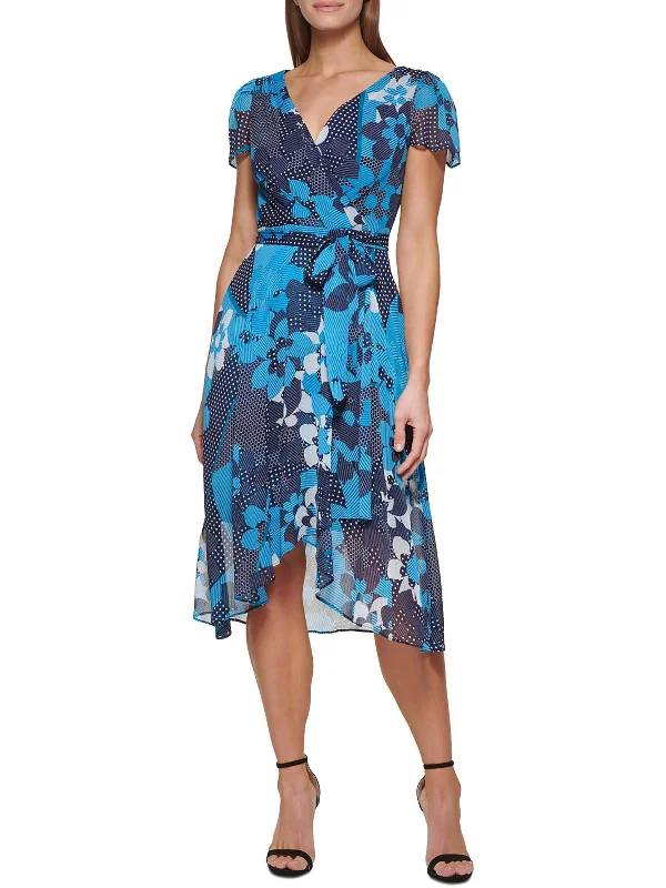 Womens Floral Print Knee-Length Wrap Dress