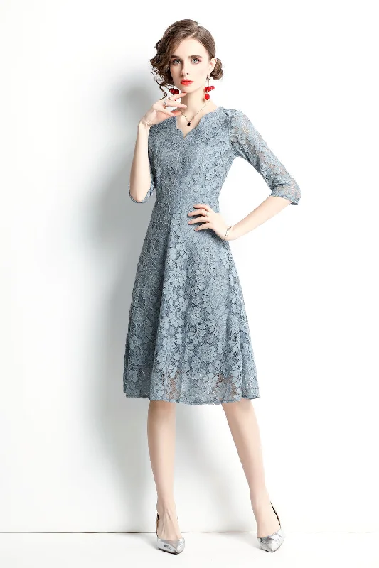 Light blue Evening A-line V-neck Elbow Sleeve Knee Lace Dress