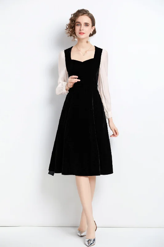 Black & White Office A-line Sweetheart Neck Long Sleeve Knee Dress