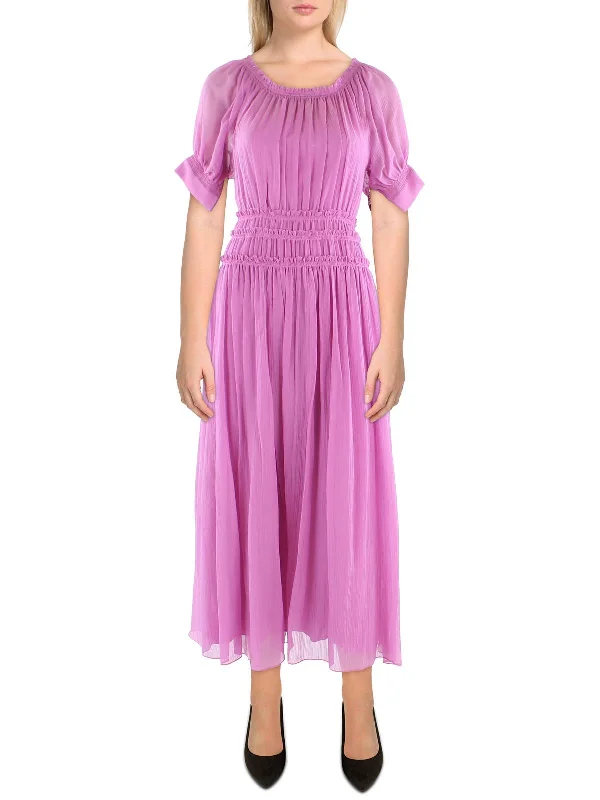 Womens Gathered Mid Calf Midi Dress