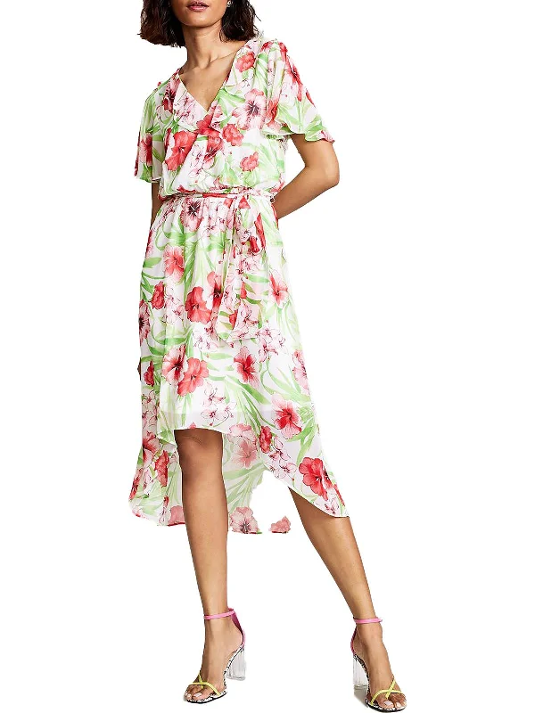 Womens Ruffled Hi-Low Midi Dress