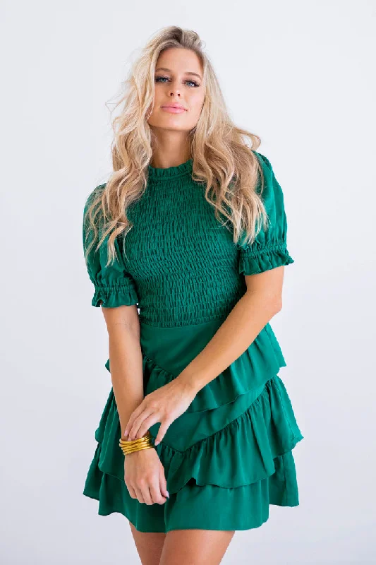 Green Satin Smock Tier Dress