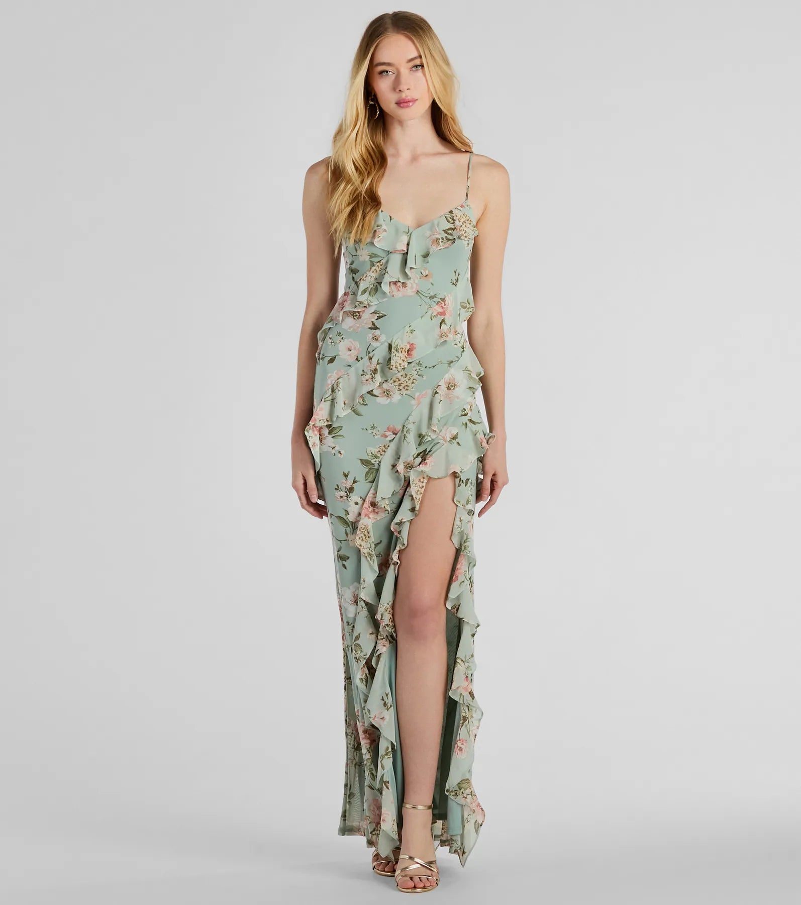 Helga V-Neck Ruffled Mermaid Floral Formal Dress