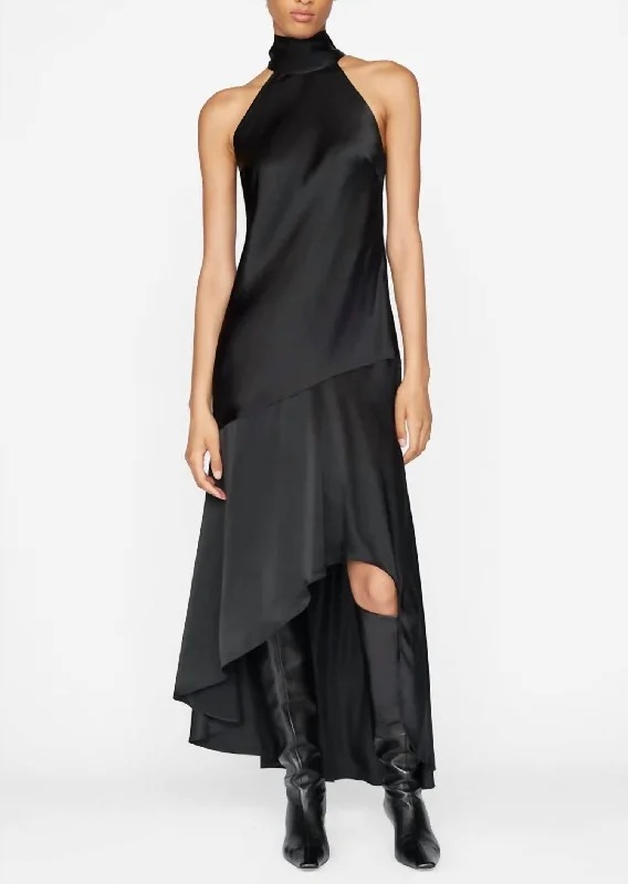 Draped Neck-Tie Halter Dress In Noir