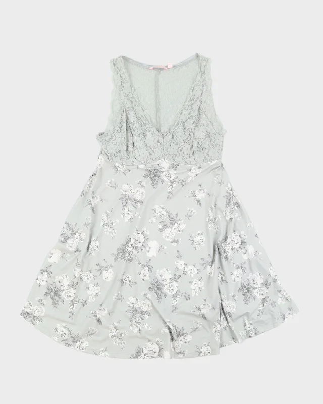 Grey Floral and Lace Slip Dress - M