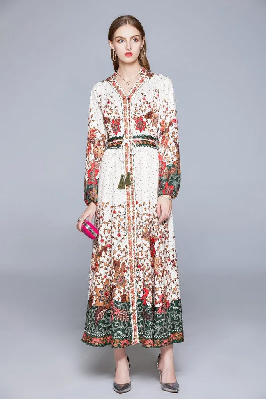 White & Multicolor print Day A-line V-neck Bishop Long Sleeve Tea Dress