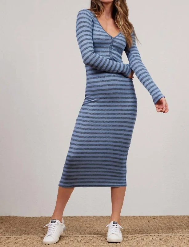 Atlas Stripe Henley Maxi Dress In Citadel Blue/grey