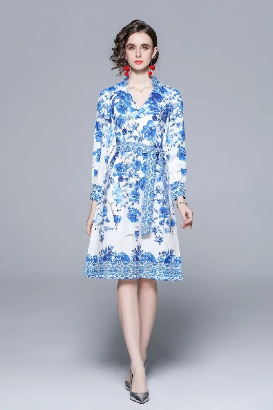 White & Blue A-line V-neck Long Sleeve Knee Floral Dress