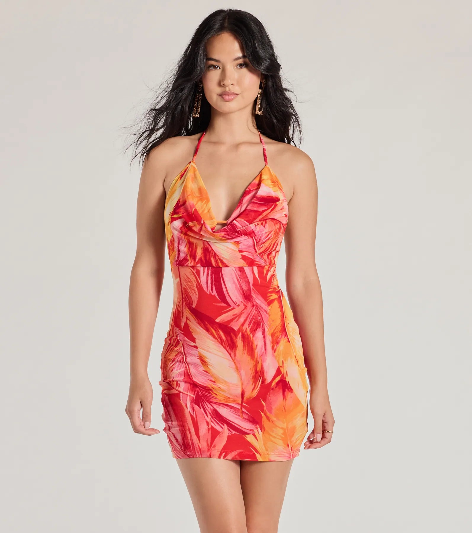 Getaway Girl Halter Open Back Tropical Mini Dress