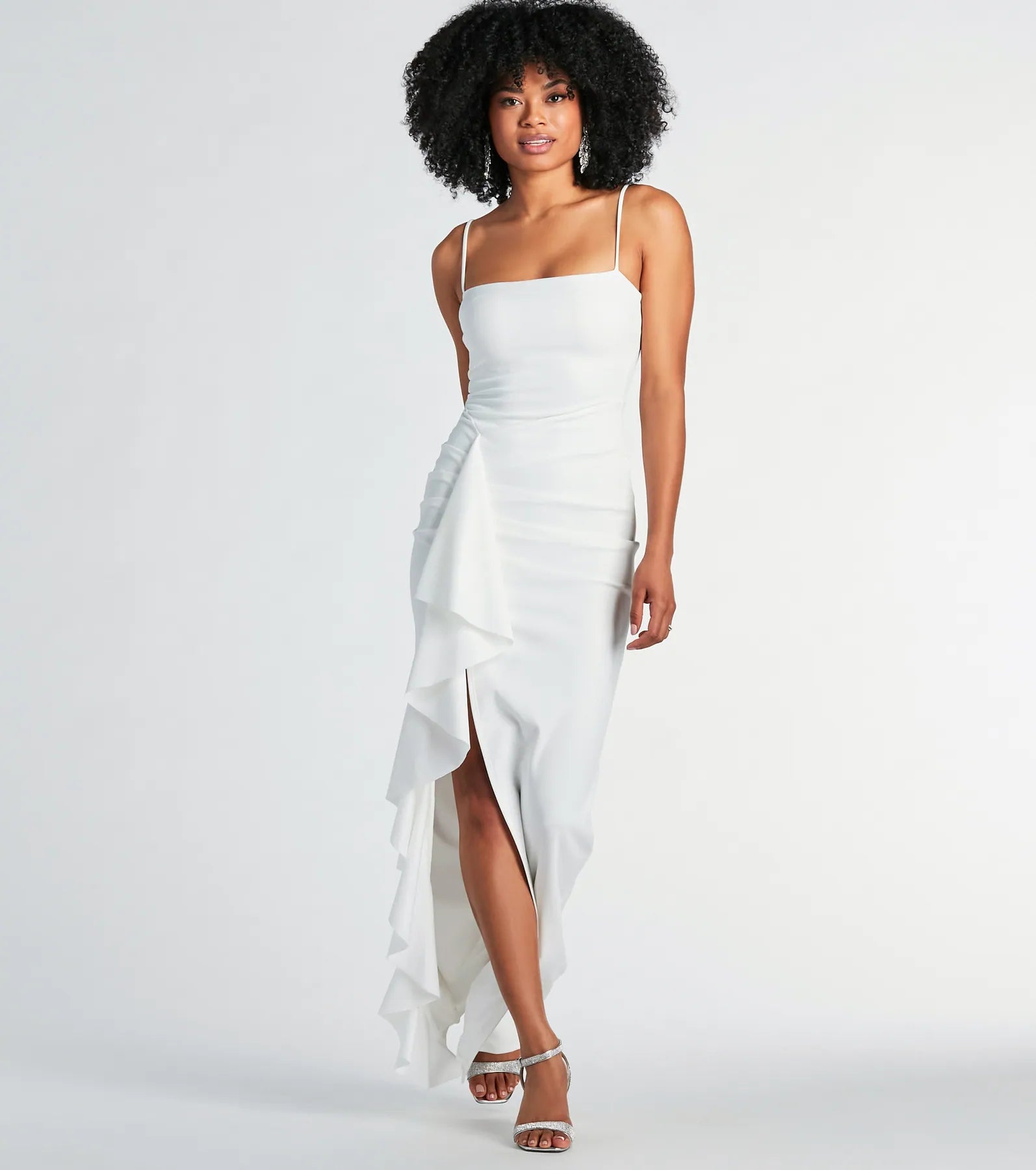 Maggie Ruffled High Slit Crepe Formal Dress