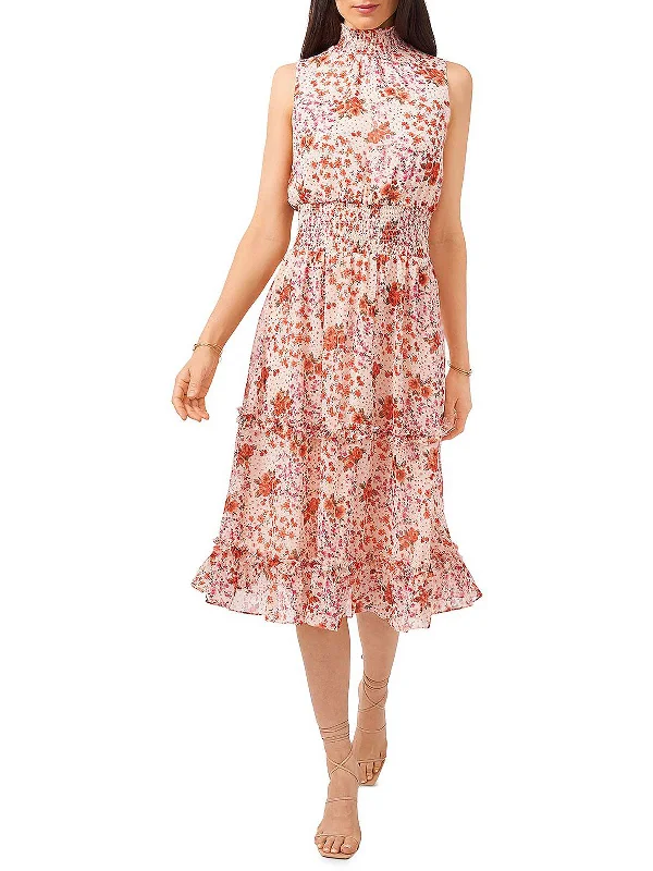 Womens Floral Print Mid Calf Shift Dress