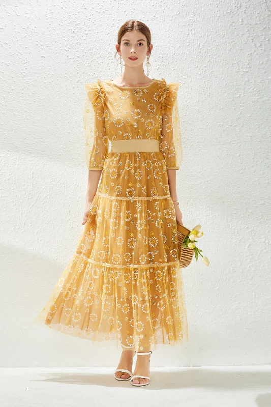 Yellow Cocktail A-line Boatneck Elbow Sleeve Tea Lace Dress