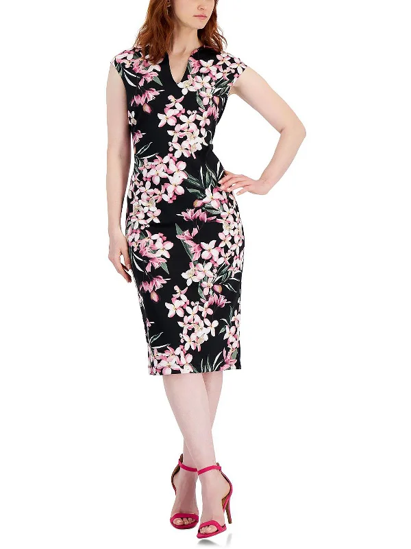 Womens Floral Print V-Neck Midi Dress