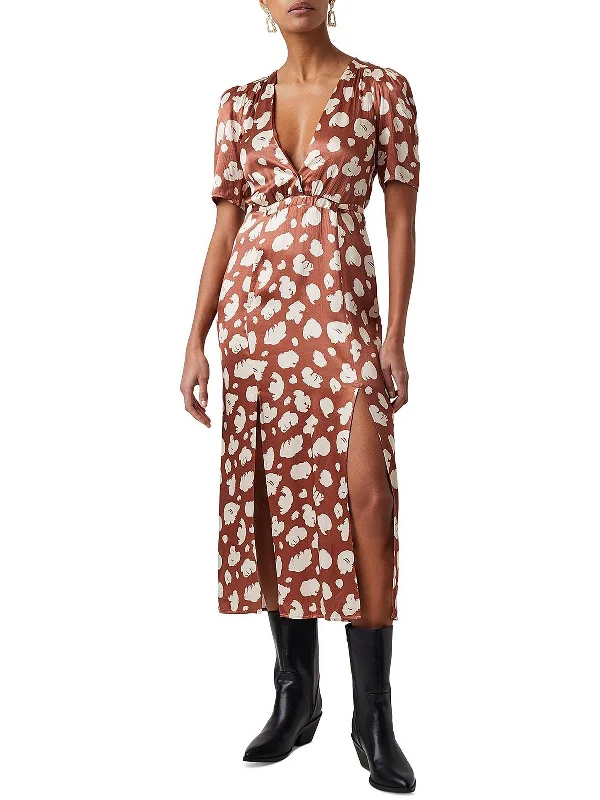 Womens Printed Tea Length Midi Dress