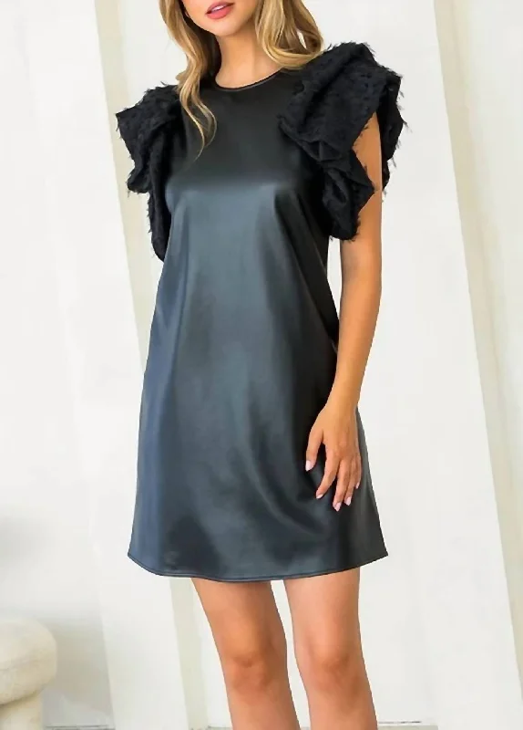 Leather Puff Flutter Sleeve Dress In Black