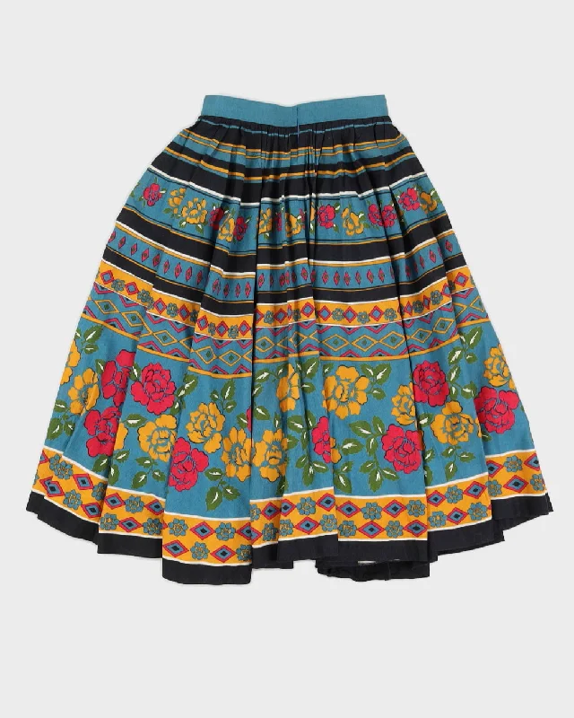 Blue Patterned Pleated Flared Skirt - XS