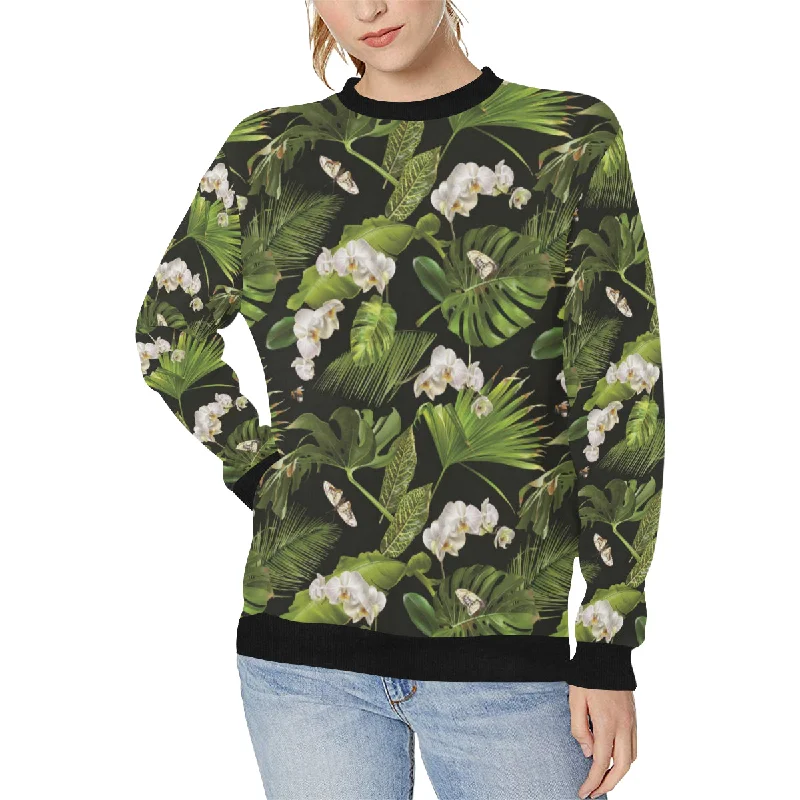 White orchid flower tropical leaves pattern blackg Women's Crew Neck Sweatshirt