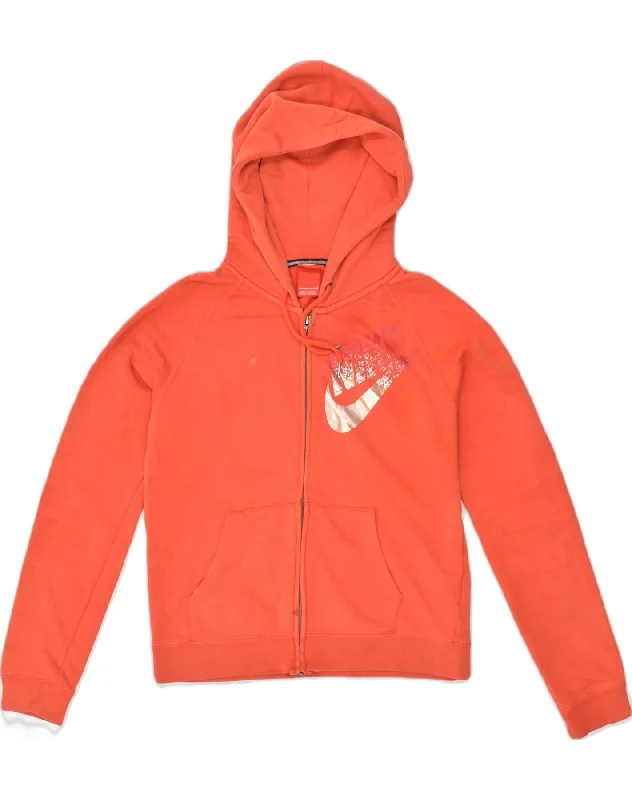 NIKE Womens Graphic Zip Hoodie Sweater UK 10 Small Orange Cotton