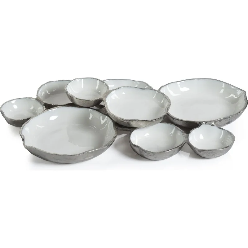 Cluster of Nine Round Serving Bowls with White Enamel Interior