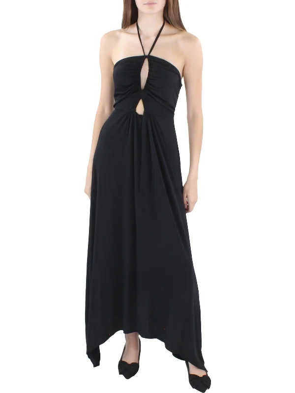 Womens Ruched Long Halter Dress