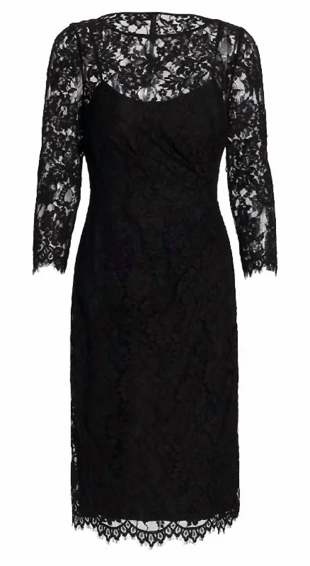 Lace Shirred Waist Cocktail Dress In Black