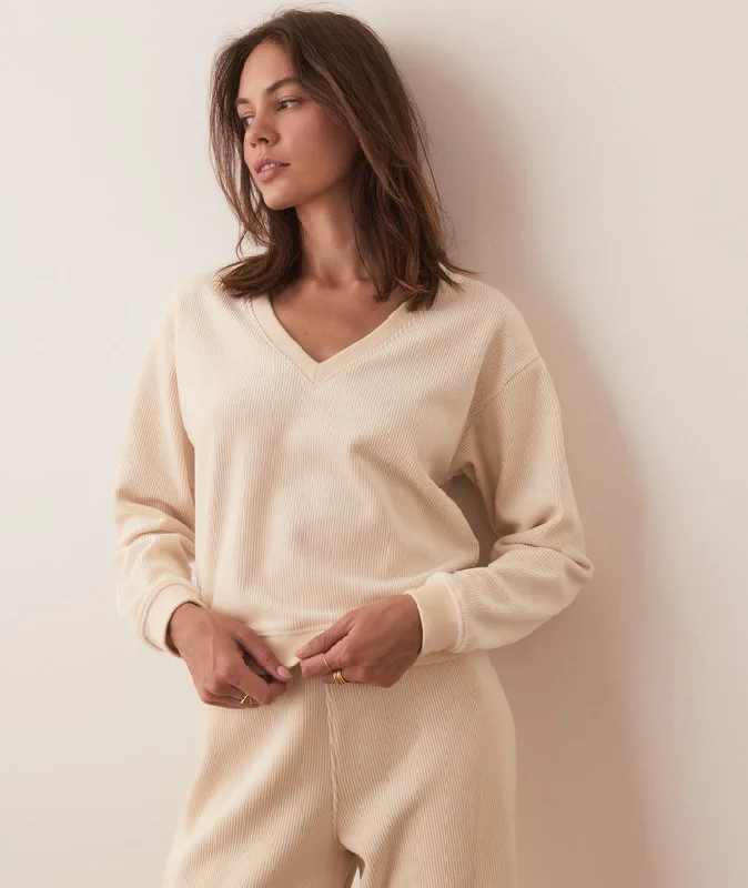 Marine Layer Velour Corduroy V-Neck Sweatshirt Cream