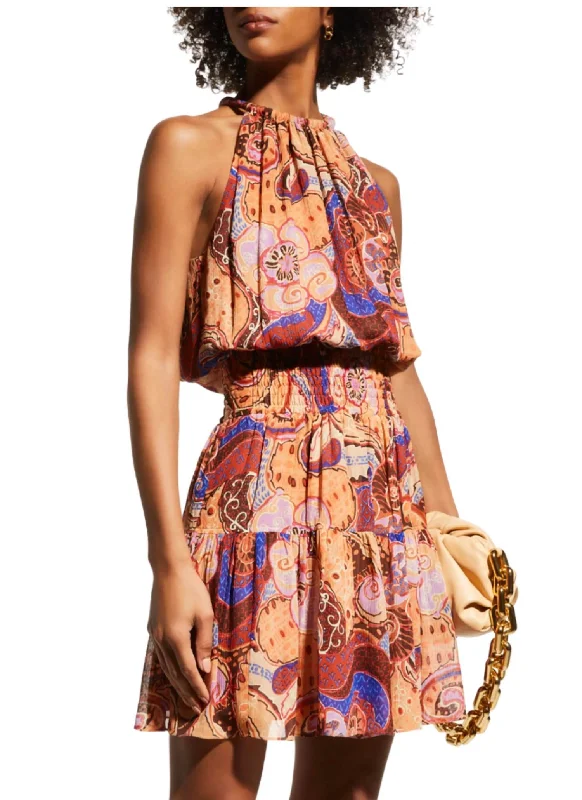 Cory Paisley High-Neck Mini Dress In Terracotta Cobalt Multi