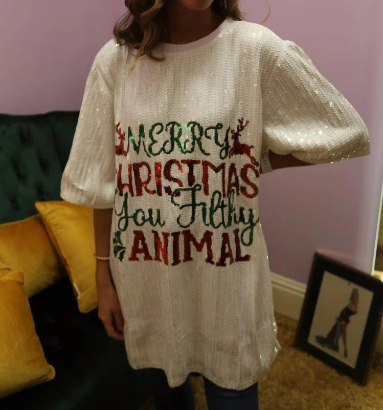 Merry Christmas You Filthy Animal Sequined Top/dress In White