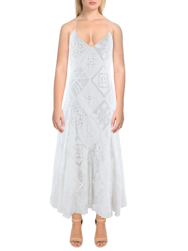 Womens Linen Lace Midi Dress