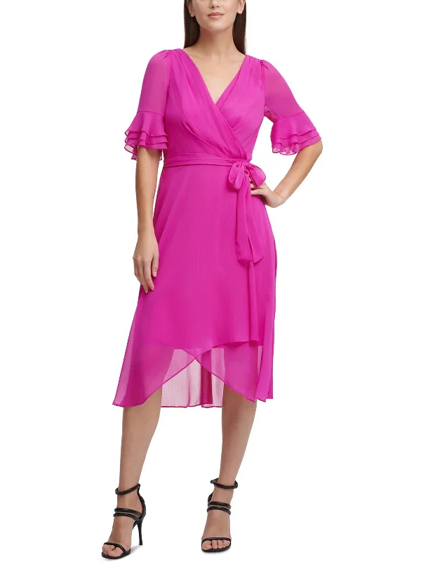 Womens Puff Sleeve Hi-Low Midi Dress