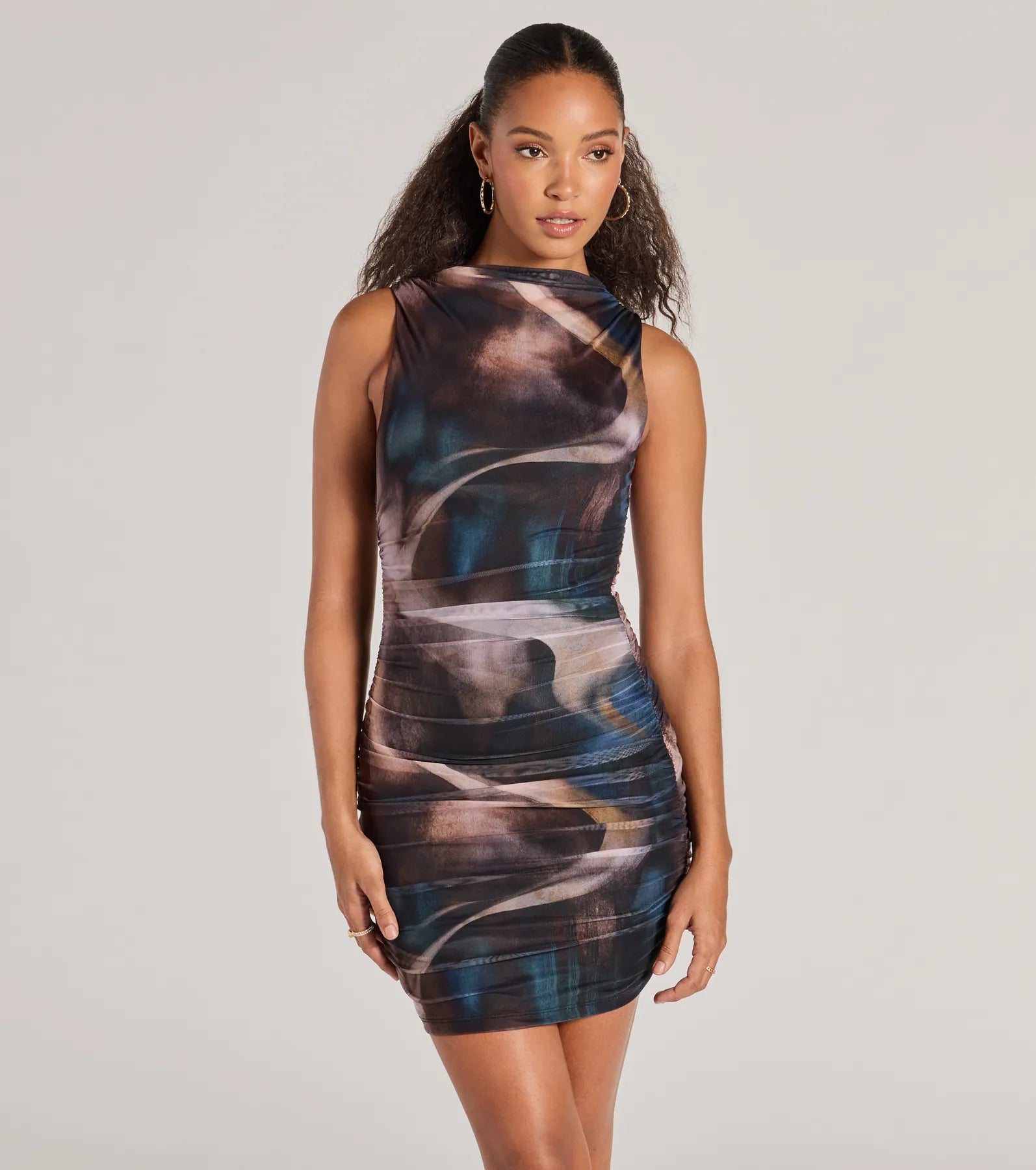 Artsy Nature Sleeveless Abstract Mesh Mini Dress