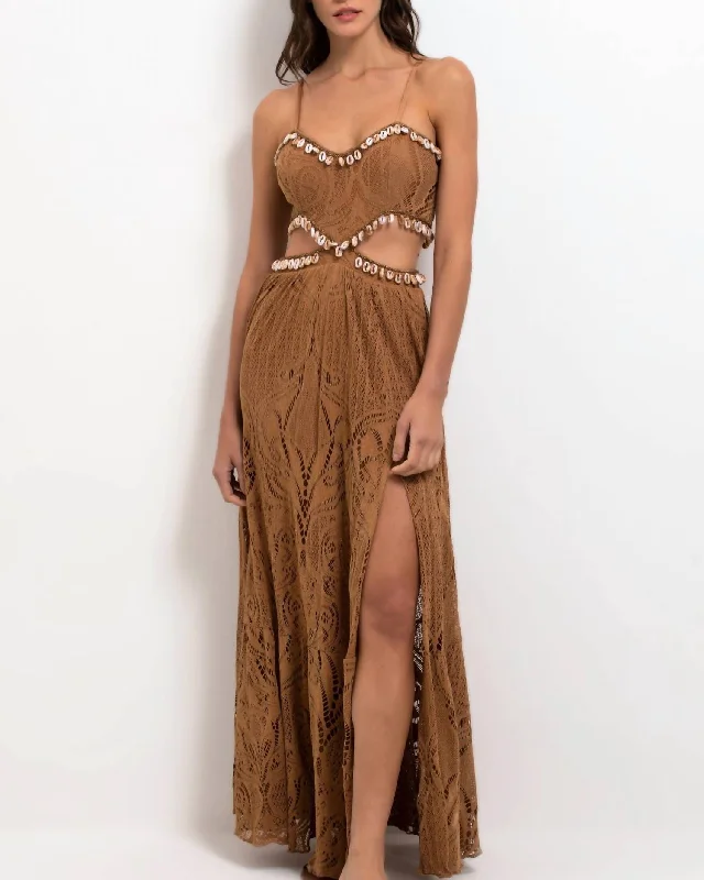 Beaded Seashell Cut-Out Maxi Dress In Almond