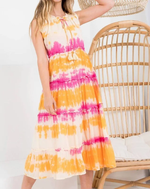 Ruffle Midi Dress In Pink/orange Tie Dye