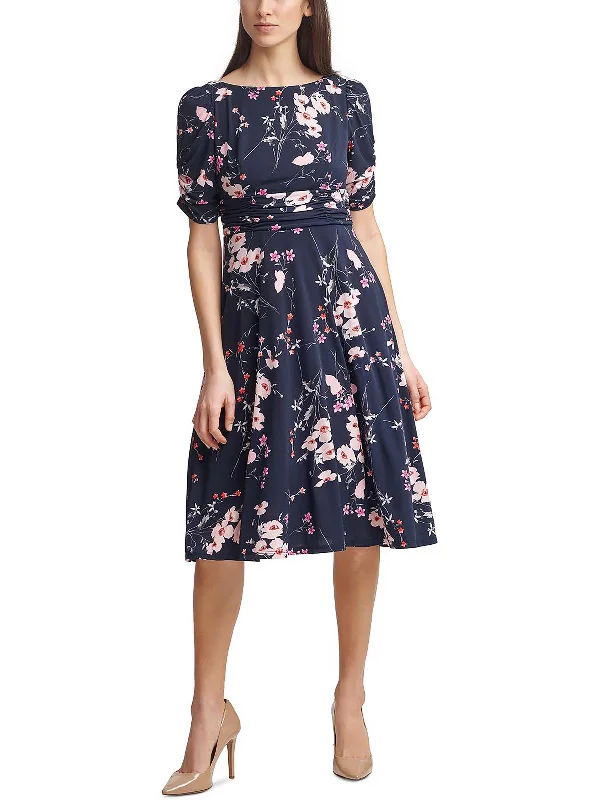 Womens Floral Print Midi Fit & Flare Dress