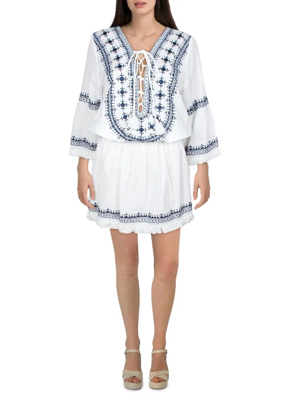 Womens Embroidered Mini Tunic Dress