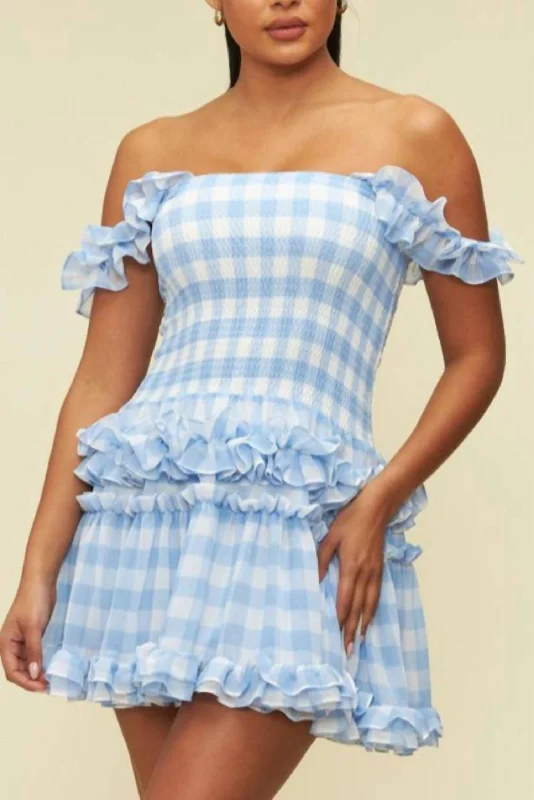 Gingham Mini Dress In White/light Blue