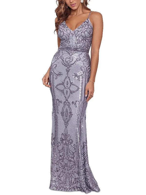 Womens Mesh Sequined Evening Dress