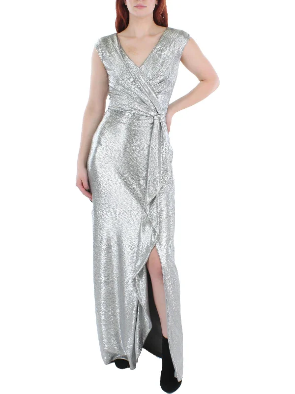 Womens Metallic Cascade Ruffle Evening Dress