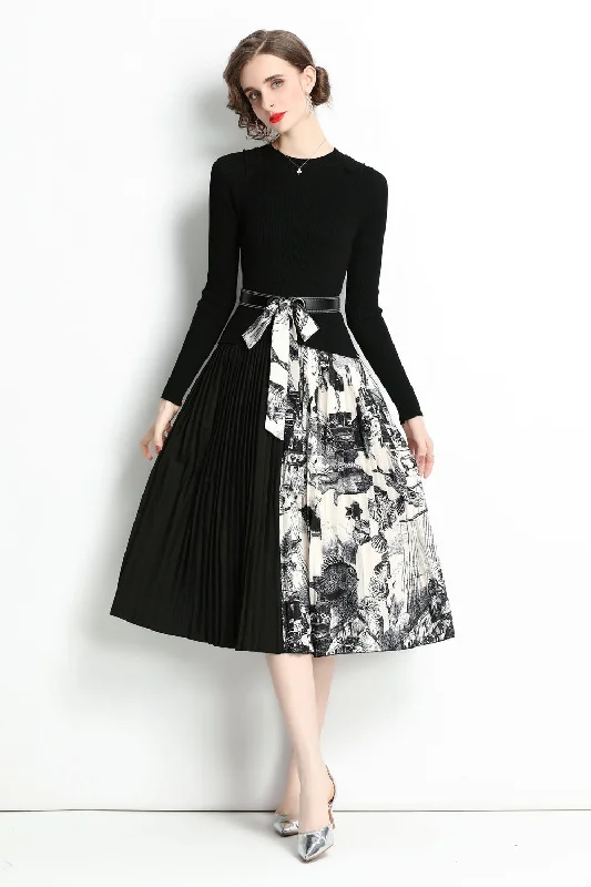 Black & White Office A-line Crewneck Long Sleeve Below Knee Pleated Dress