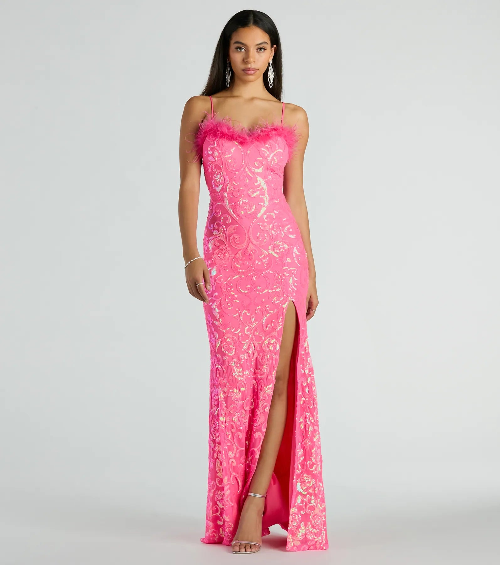 Cara Marabou Trim Mermaid Slit Sequin Formal Dress