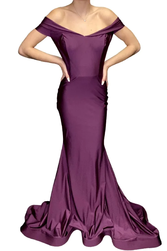 Off The Shoulder Evening Gown In Eggplant