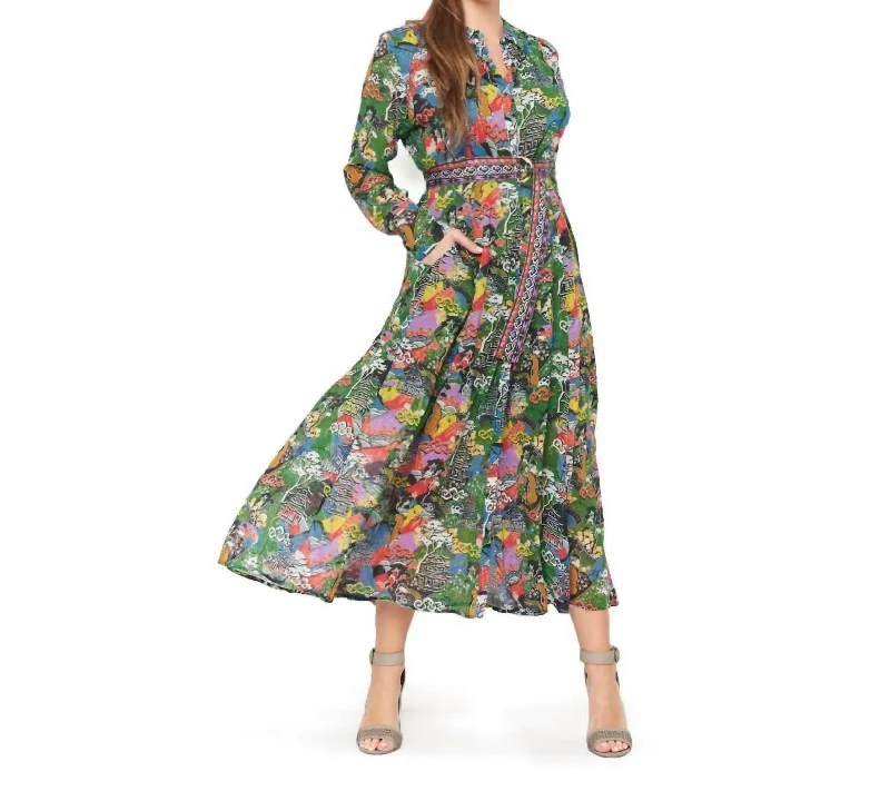 Jane Vintage Print Midi Dress In Green Vintage Print