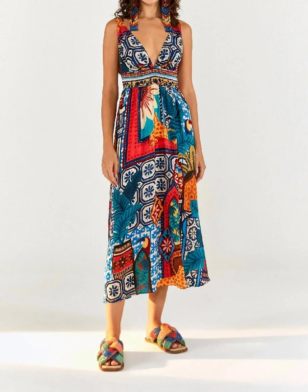 Tiles Flowy Print V-Neck Dress In Forest Tiles