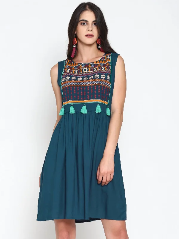 Pali Dress With Embroidered Yoke And Tassels In Blue