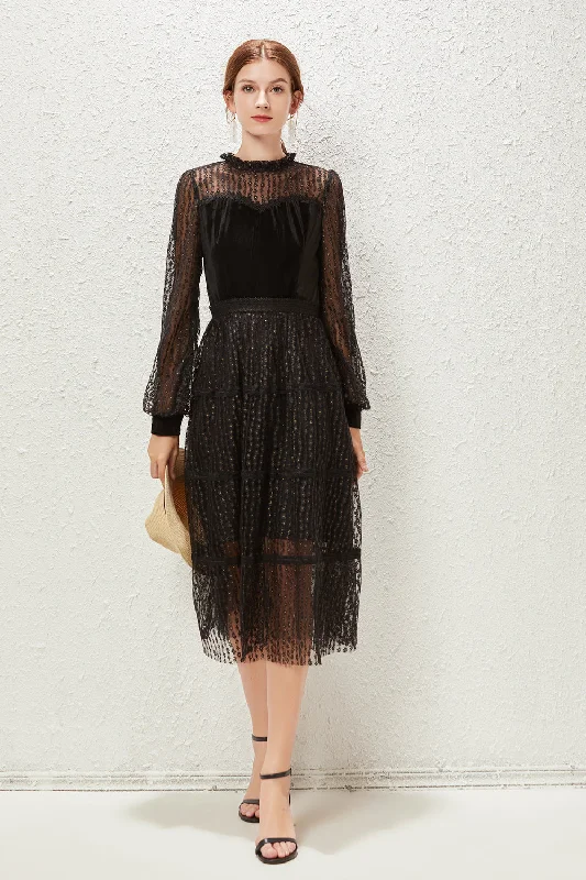 Black Evening Lace A-line Crewneck Long Sleeve Midi Dress