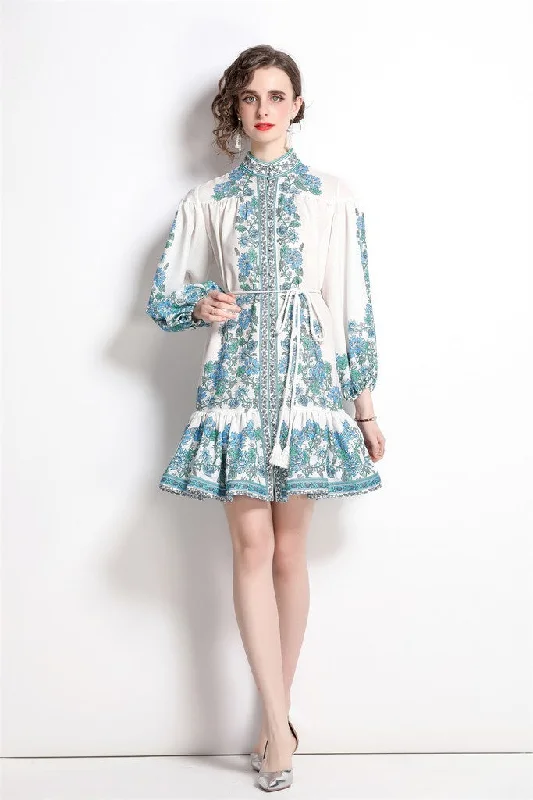 White & Light blue & Gren Print Day A-line Shirt Colar Long Sleeve Short Dress