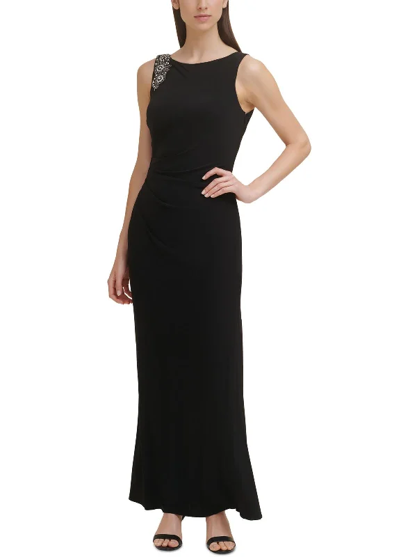 Petites Womens Beaded draped Evening Dress