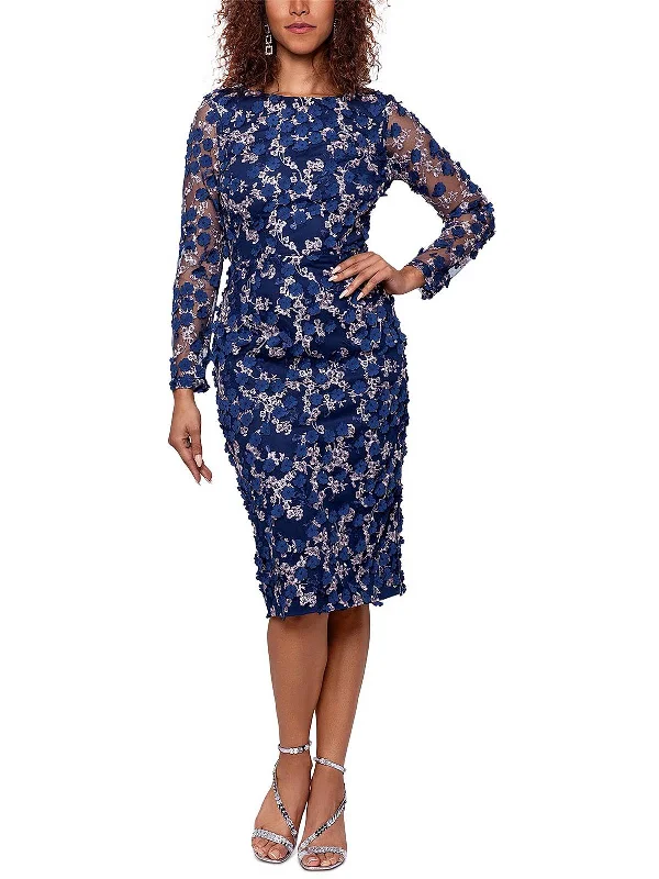 Womens Floral Overlay Midi Sheath Dress