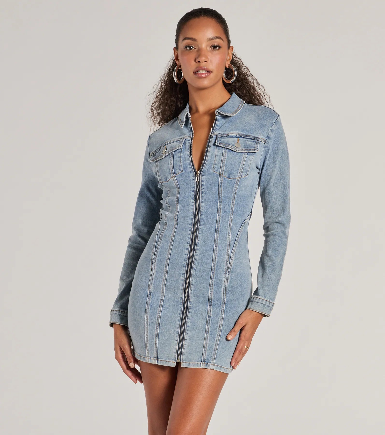 Sweet Looking Long Sleeve Denim Mini Dress