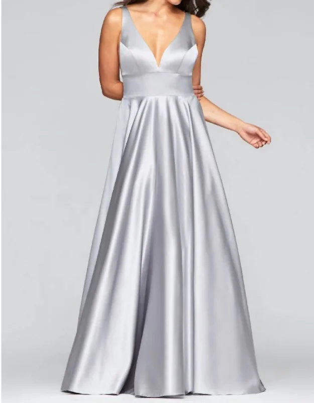 Long Satin V Neck Dress In Silver